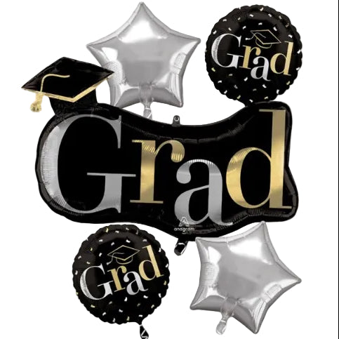Graduation-themed balloons with 'Grad' and cap designs on a white background