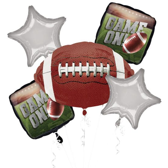 Football-shaped balloon with 'Game On' and star-shaped balloons on a white background