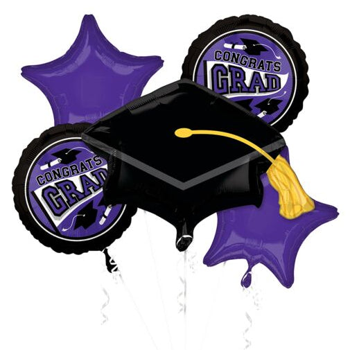 Graduation-themed balloons with a black cap and purple background