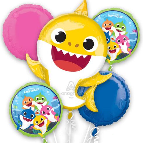 Baby Shark balloon set with colorful balloons featuring the Baby Shark character.