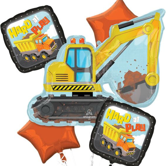 Construction-themed balloons including an excavator, dump truck, and chainソー on a white background.