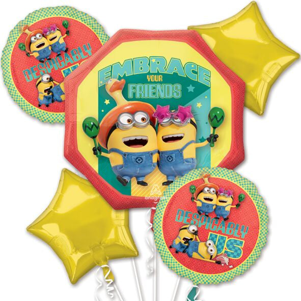 Set of Minion-themed balloons with characters and text on a white background