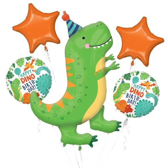 Dinosaur-shaped balloon with 'Happy Dino Day' text, surrounded by star-shaped balloons on a white background.