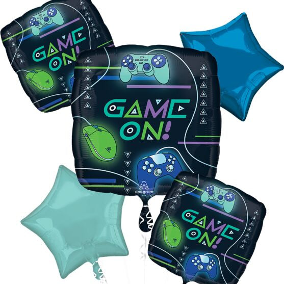 Gaming-themed balloons with 'Game On!' text and game controller designs on a white background.