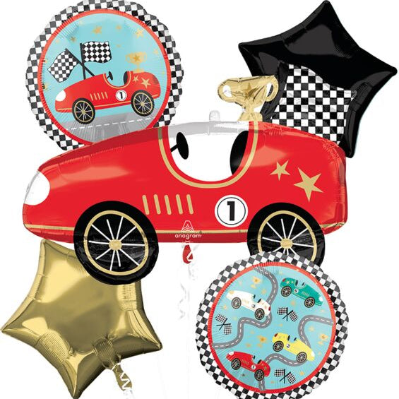 Set of race car-themed balloons with red car, checkered flags, and gold star on a white background