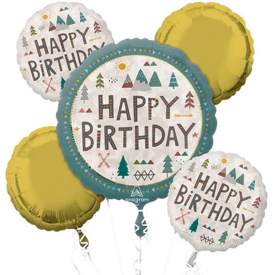 Set of four wilderness birthday-themed balloons with 'Happy Birthday' text on a white background