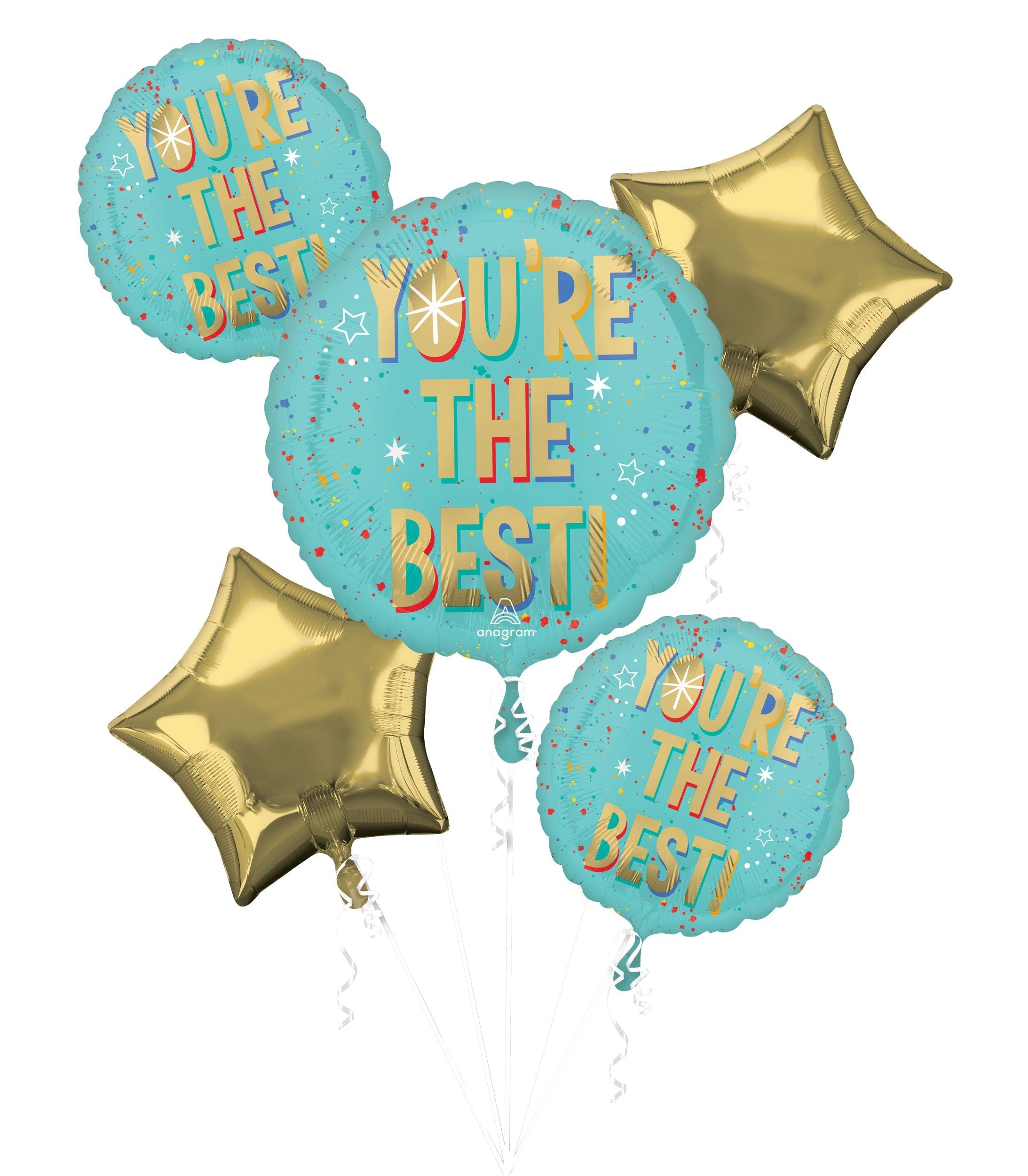 You're the Best Round/Star Satin Foil Balloon Bouquet, Blue/Gold, 5-pk