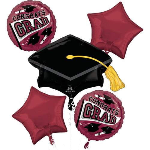 Graduation-themed balloons including a black cap with tassel, 'Congrats Grad' balloons, and red star-shaped balloons on a white background.
