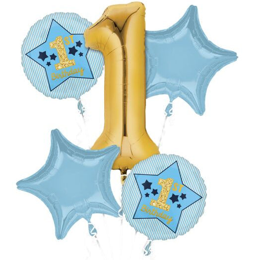Balloon bouquet with gold number '1' and blue star-shaped balloons on a white background