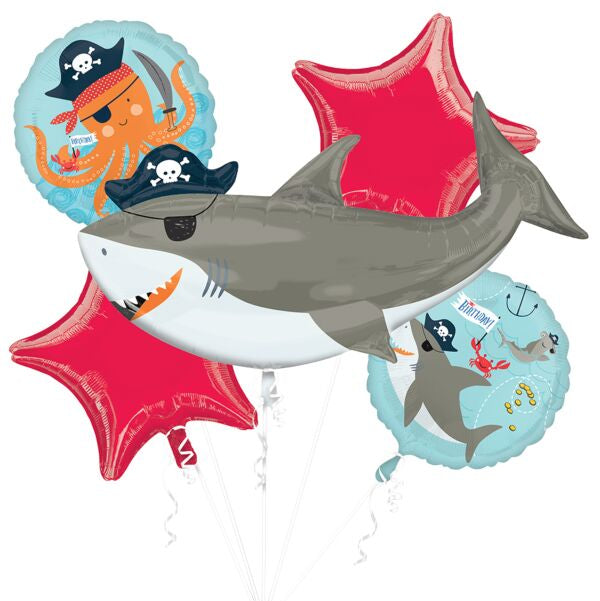 Set of shark-themed balloons with pirate and ocean designs on a white background