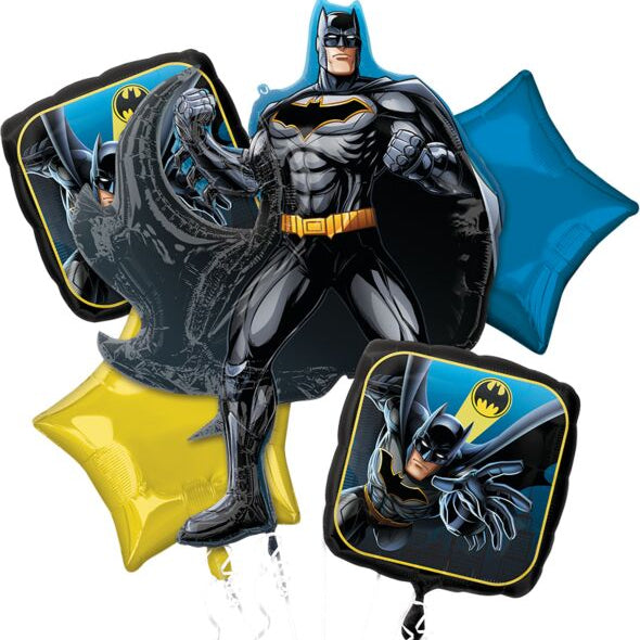 Batman-themed foil balloons on a white background