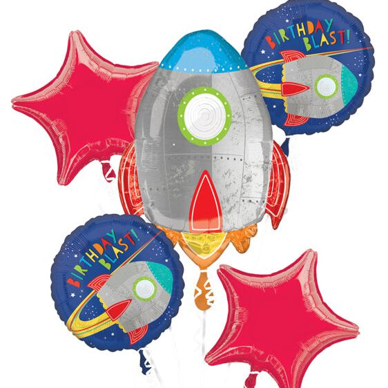 Set of colorful space-themed balloons with rocket designs on a white background