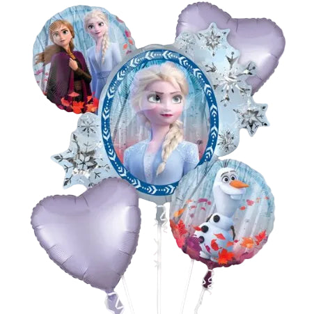 Balloon bouquet featuring characters from 'Frozen' on a white background