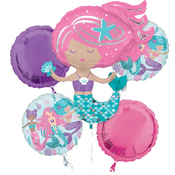 Mermaid-themed balloons with pink hair and purple tail on a white background