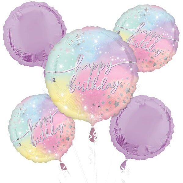 Pastel-colored 'happy birthday' balloons on a white background